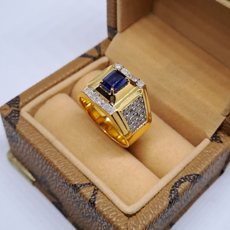 Cincin Silver Pria Berlian Asli | Batu Blue Safir Free Memo