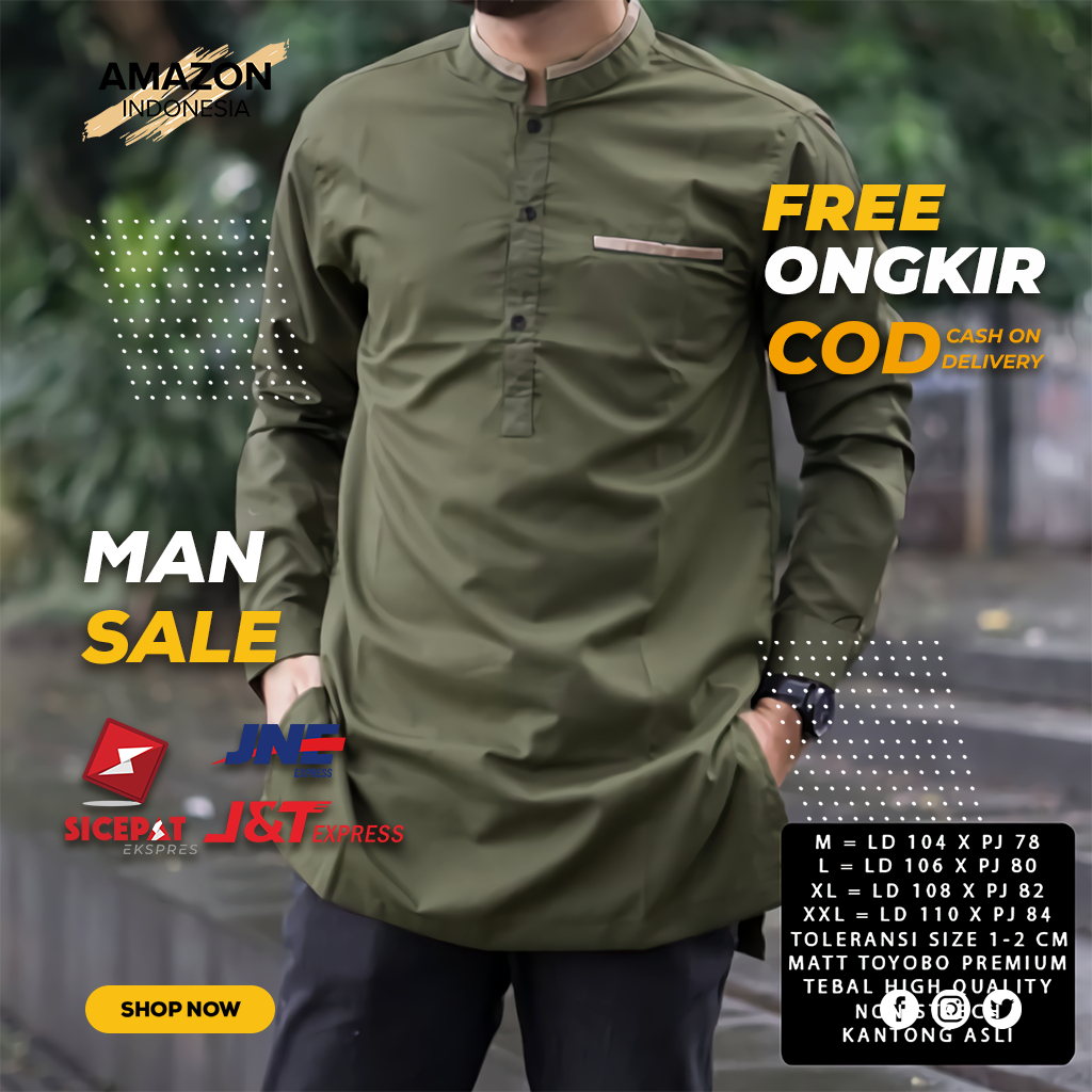 BAJU KOKO PRIA MUSLIM WARNA ARMY BAHAN KATUN TOYOBO PREMIUM LENGAN PANJANG HIGH QUALITY