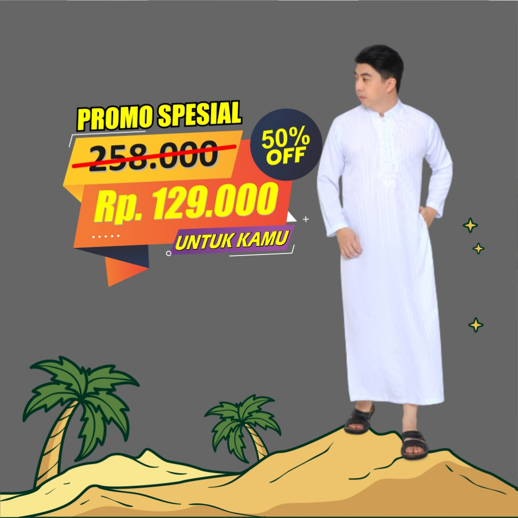 Gamis Jubah Pria Bordir Putih Lengan Panjang