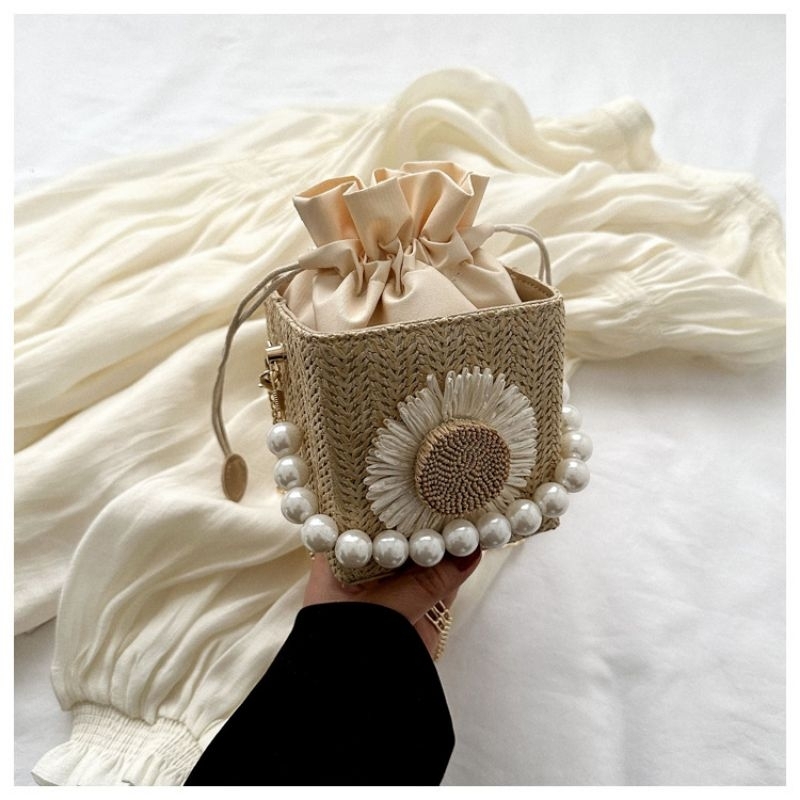 Drozenb Sunflower Pearl Slingbag Tas Anyaman Sintetis Slingbag Korea Pearl