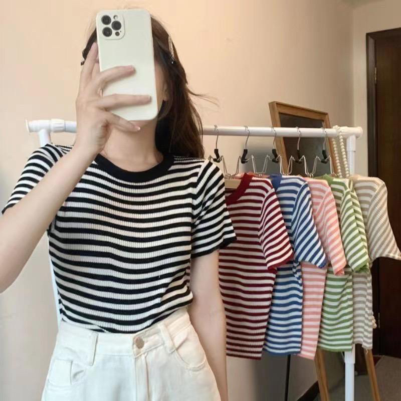 ONECK Salur Lengan Pendek Kaos Oblong Polos Basic / Kaos Polos / T-shirt / Atasan Pakaian Wanita