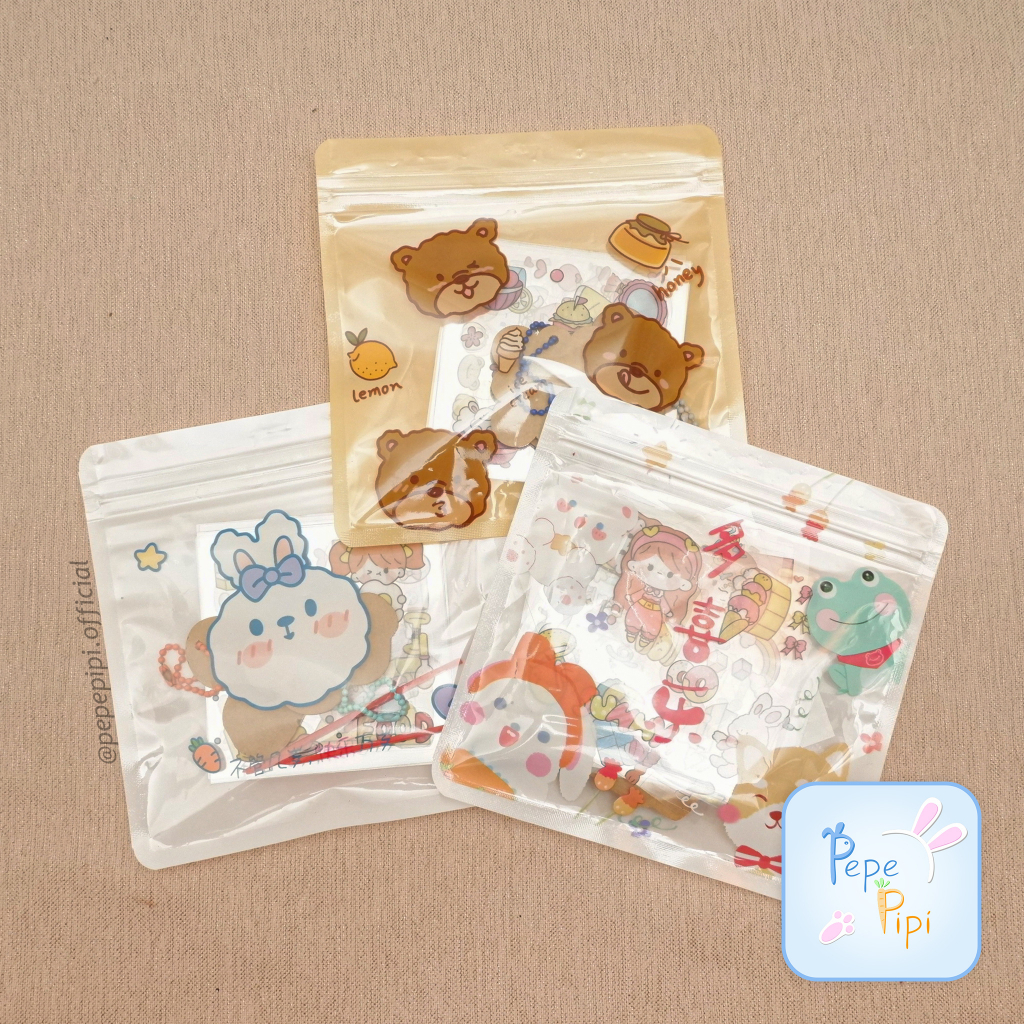 Paket Stiker Mini Pouch Karakter Stiker Lembar Pinset Akrilik Biji lada jurnaling journal set buku alat tulis sekolah pastel lucu hampers kado unik