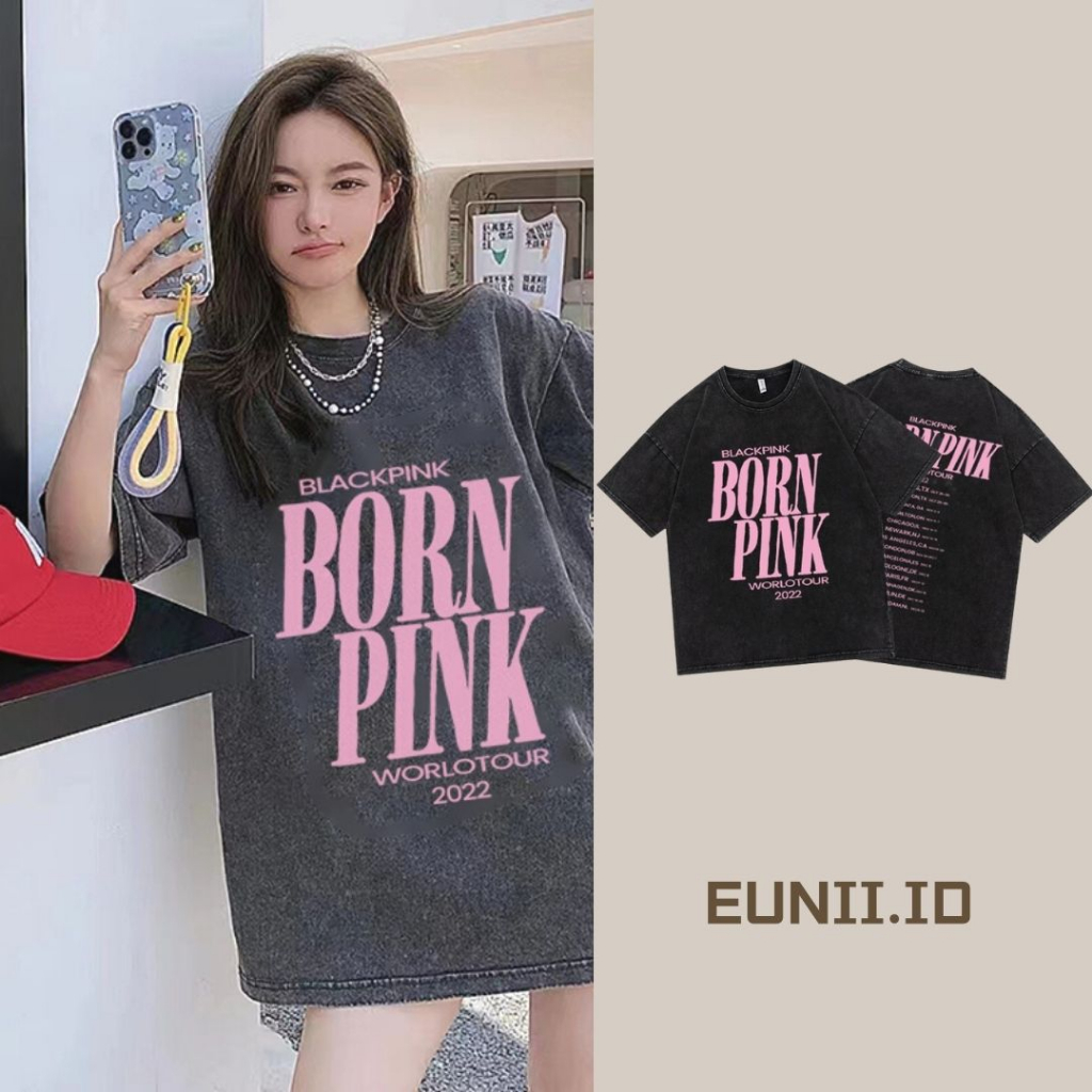 EUNII T-shirt Lengan Pendek Black Washed Vintage BlackPink Printing Korean Style/Kaos Atasan Wanita/Baju Wanita/Kaos Wanita