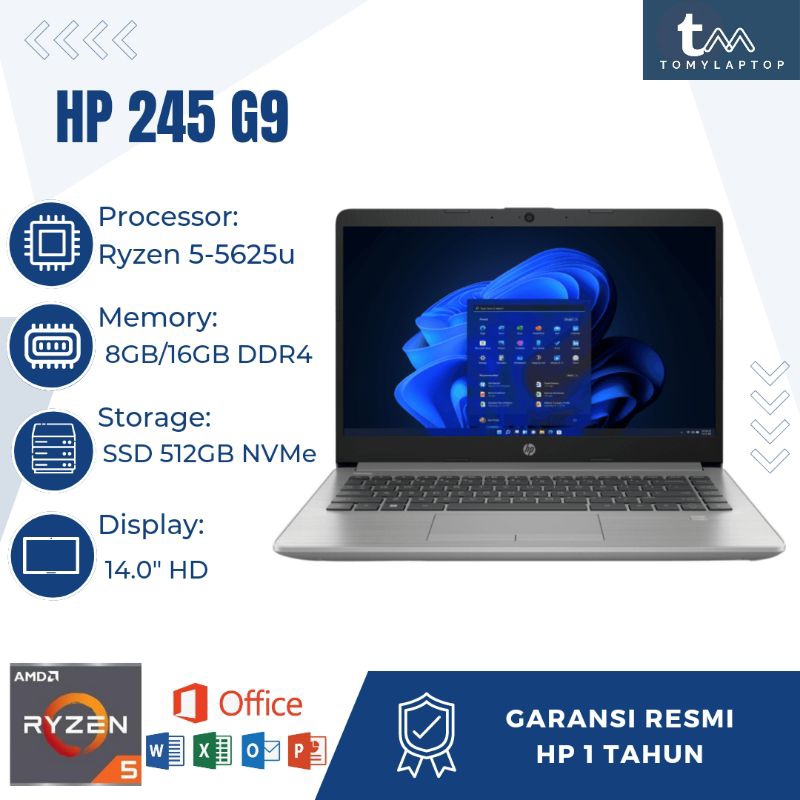 LAPTOP BARU HP 245 G9/AMD RYZEN 5/RAM 8GB/RAM 16GB/SSD 512GB