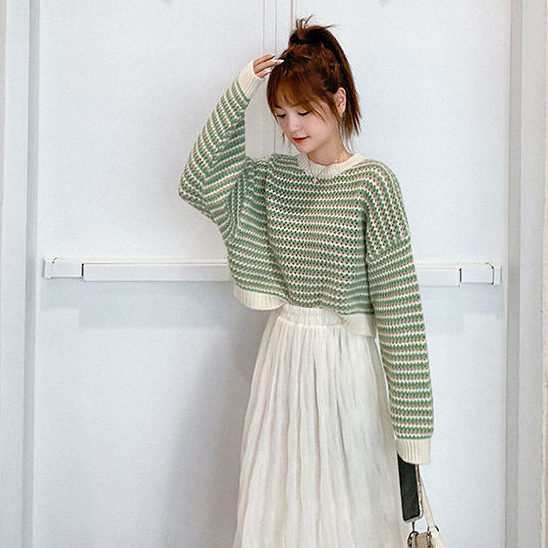 Cardigan Wanita Korea Rajut Lengan Panjang Crewneck Stripe Casual Top