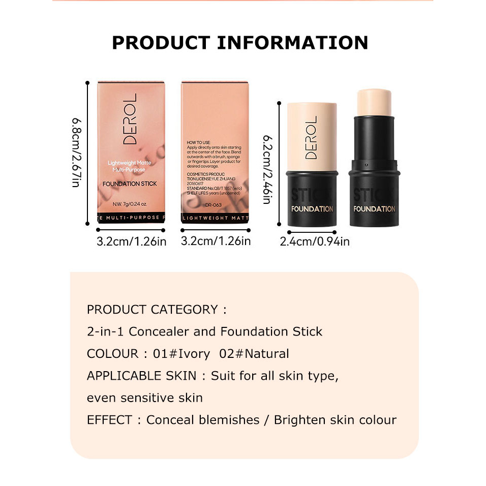 Derol 2 in 1 Foundation And Concealer Stick Full Coverage Contour Face Concealer Base Waterproof