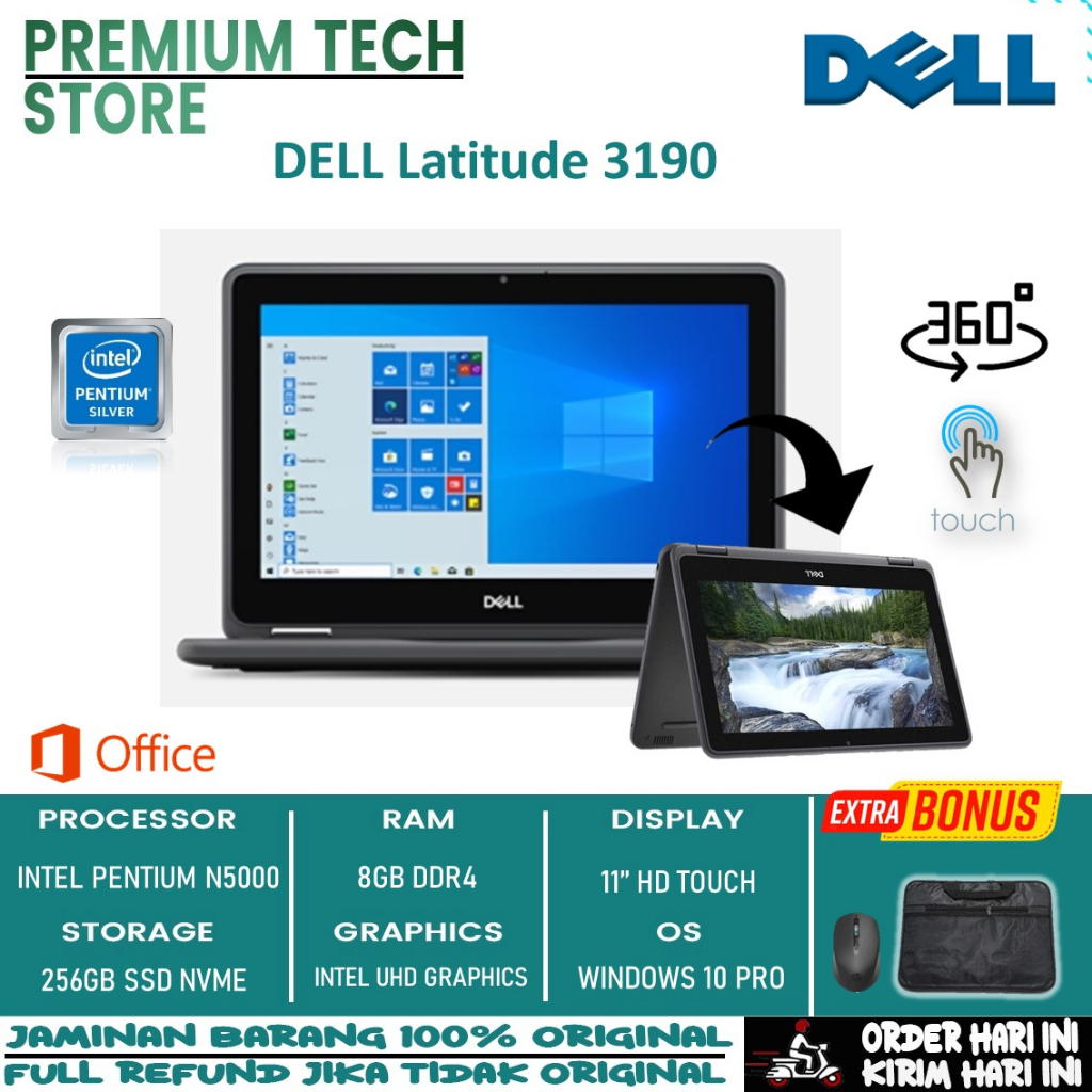 Laptop Dell 11 3190 2in1 Intel N5000 Ram 8GB 128GB SSD Touchscreen Windows 10 Pro Original