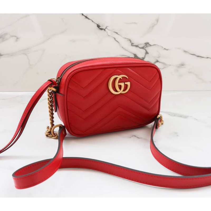 Gucci Marmont Mini Camera Crossbody Bag red GHW