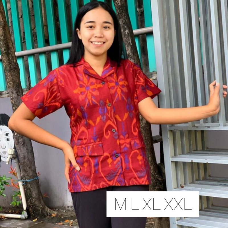 Kemeja endek wanita | baju kantor wanita | kemeja katun motif endek wanita