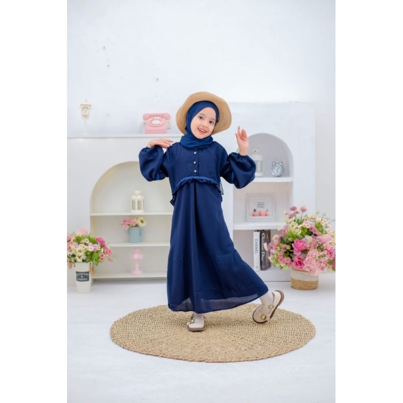 Zaja - Baju Gamis Anak Perempuan 4-12 Tahun Matt Ayara Cros Kombinasi Renda Cantik &amp; Saku Depan Yang Cantik Busana Muslim Anak-anak Kintani Series Tangan Karet &amp; Bahan Lembut