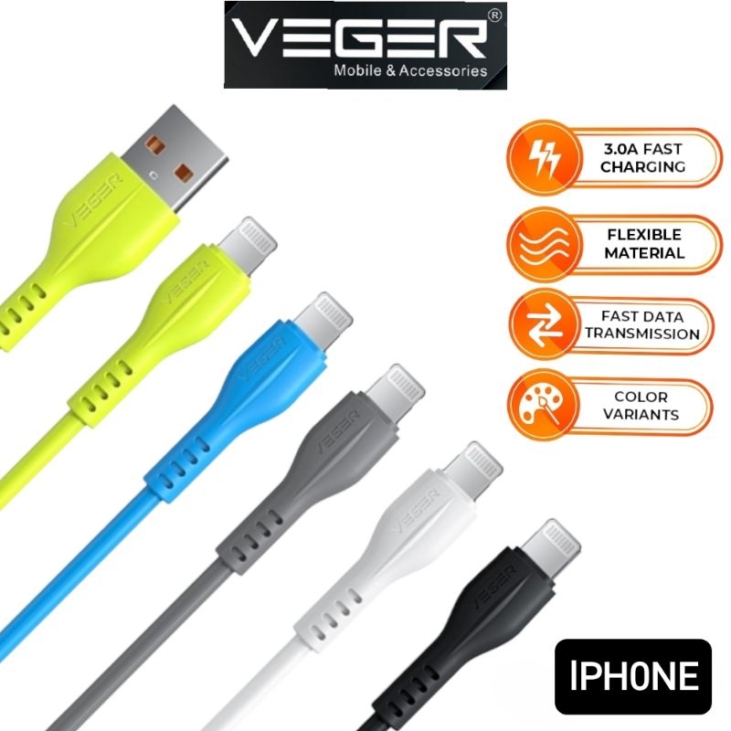 VEGER KABEL USB IPH 2.4A FAST CHARHING Ecer 1 pcs KABEL LIGHTNING 2.4A V-109
