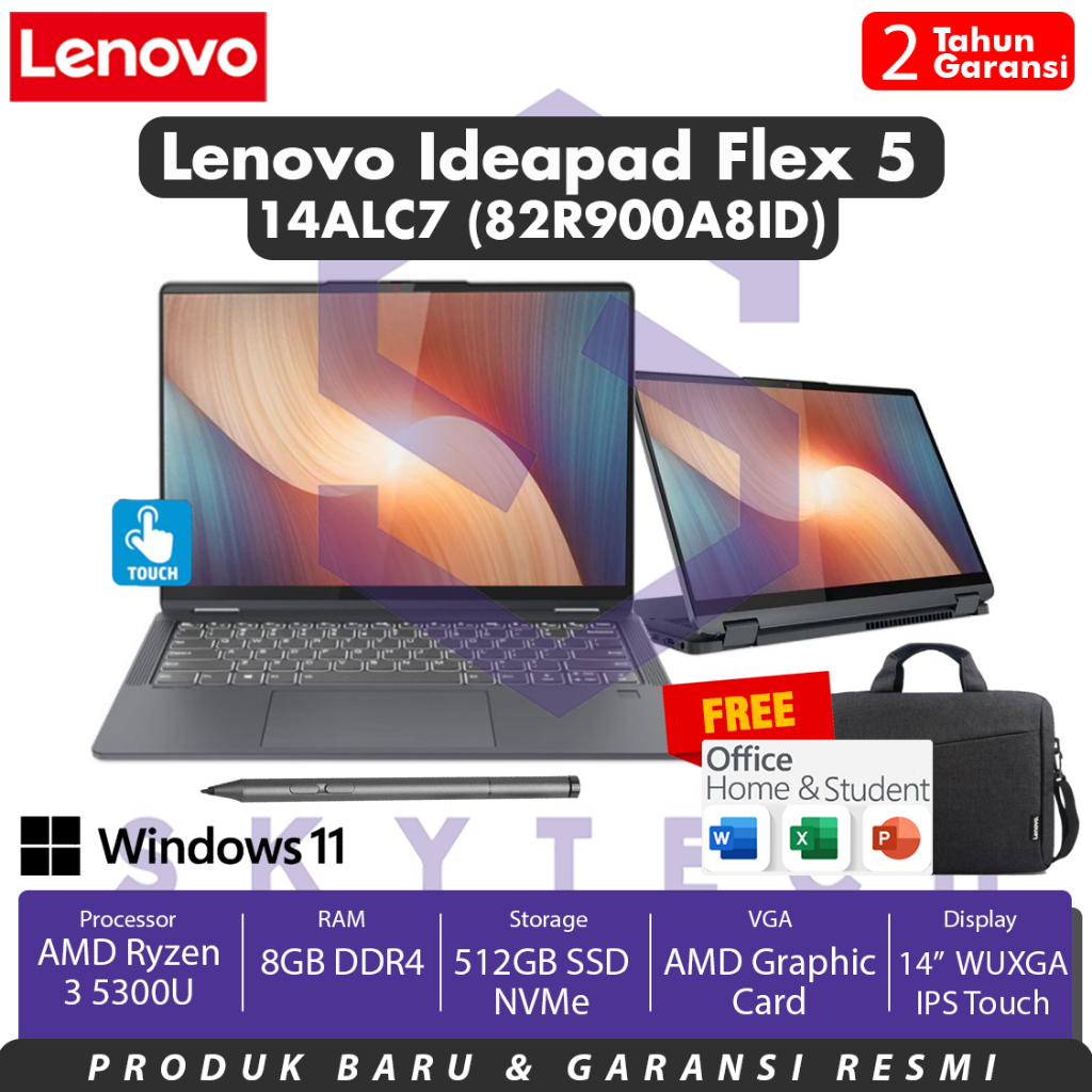 LAPTOP LENOVO FLEX 5 14ALC7 A8ID RYZEN 3 5300U RAM 8GB SSD 521GB FLIP TOUCH WINDOWS11+OHS 82R900A8ID