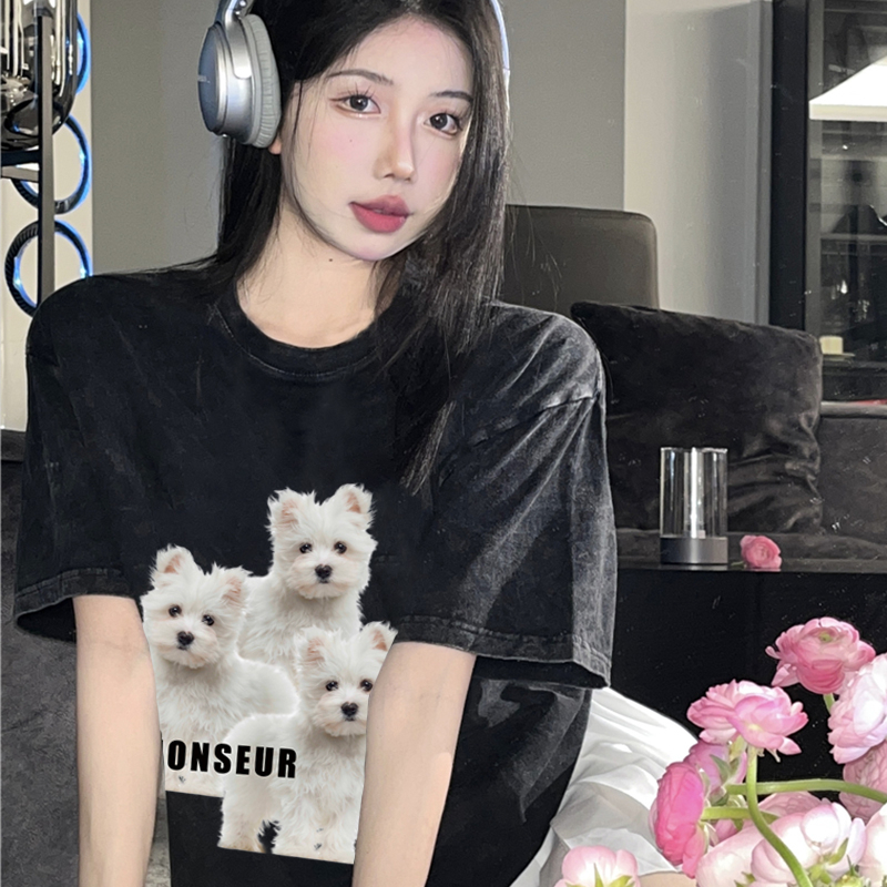Print Washed T-shirt Kaos Lengan Pendek Oversize Cartoon Family Dog Women Korean Style Atasan Wanita
