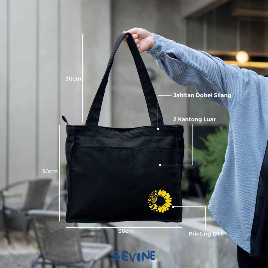 Sevine Totebag Kanvas Rebecca Tas Wanita Tote Bag Kuliah Sekolah Kerja Sekat Laptop Hitam Elegan Aesthetic - PB