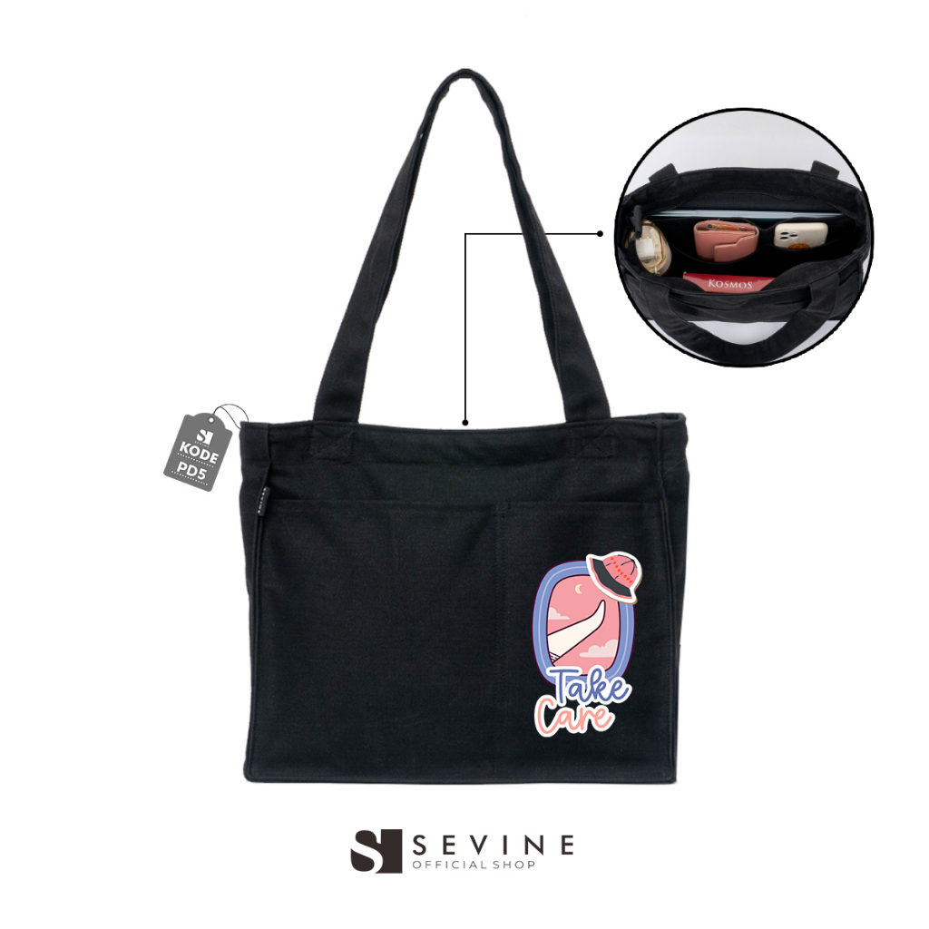 Sevine Totebag Kanvas Rebecca Tas Wanita Tote Bag Kuliah Sekolah Sekat Laptop Hitaml Elegan Aesthetic - PD