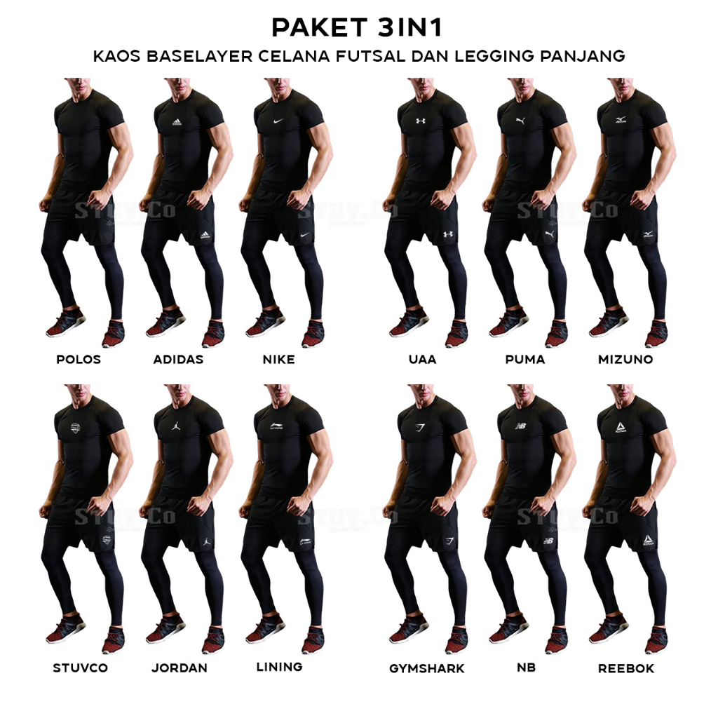 PAKET 3IN1 PAKAIAN OLAHRAGA MANSET BASELAYER TANGAN PENDEK LEGGING PANJANG DAN CELANA DRIFIT UNISEX