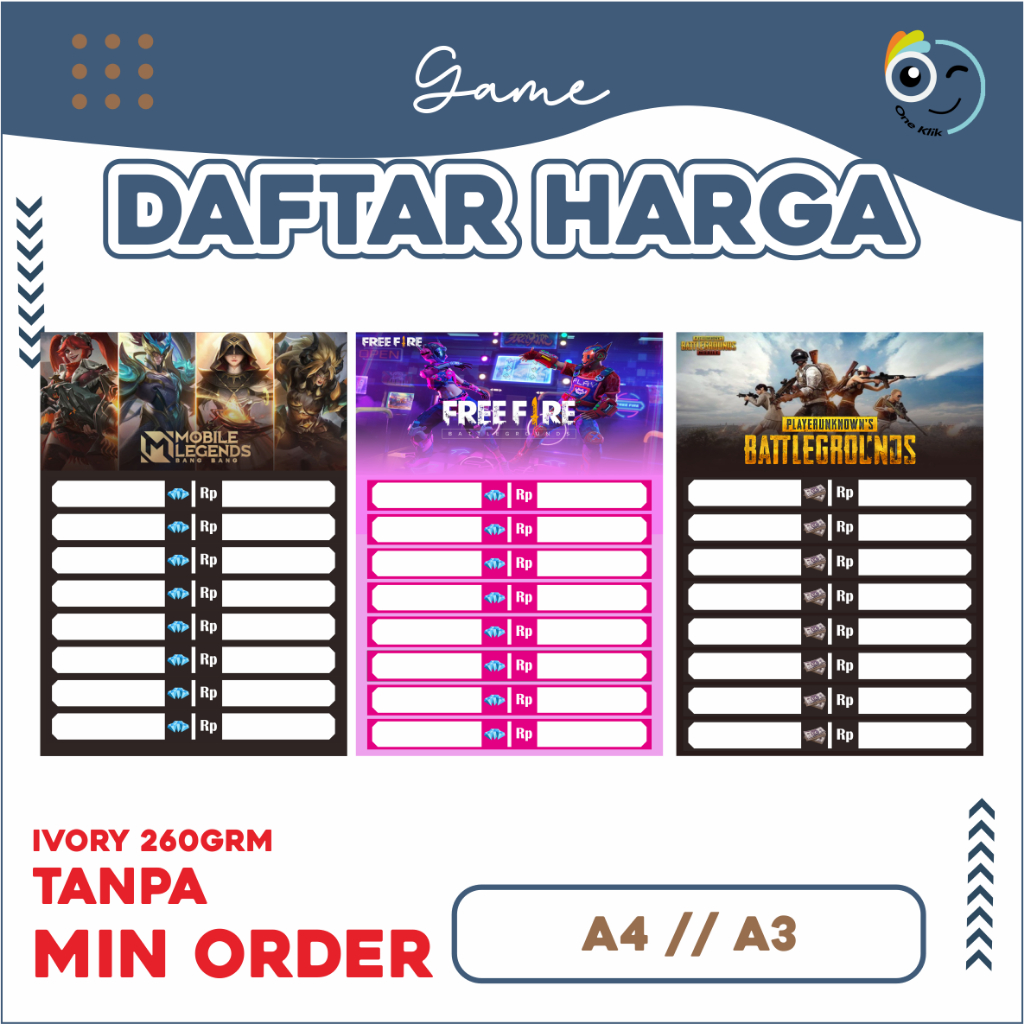 Poster Konter Daftar Harga Top Up Game / Poster Paket Konter / Poster Game -Oneklik.1