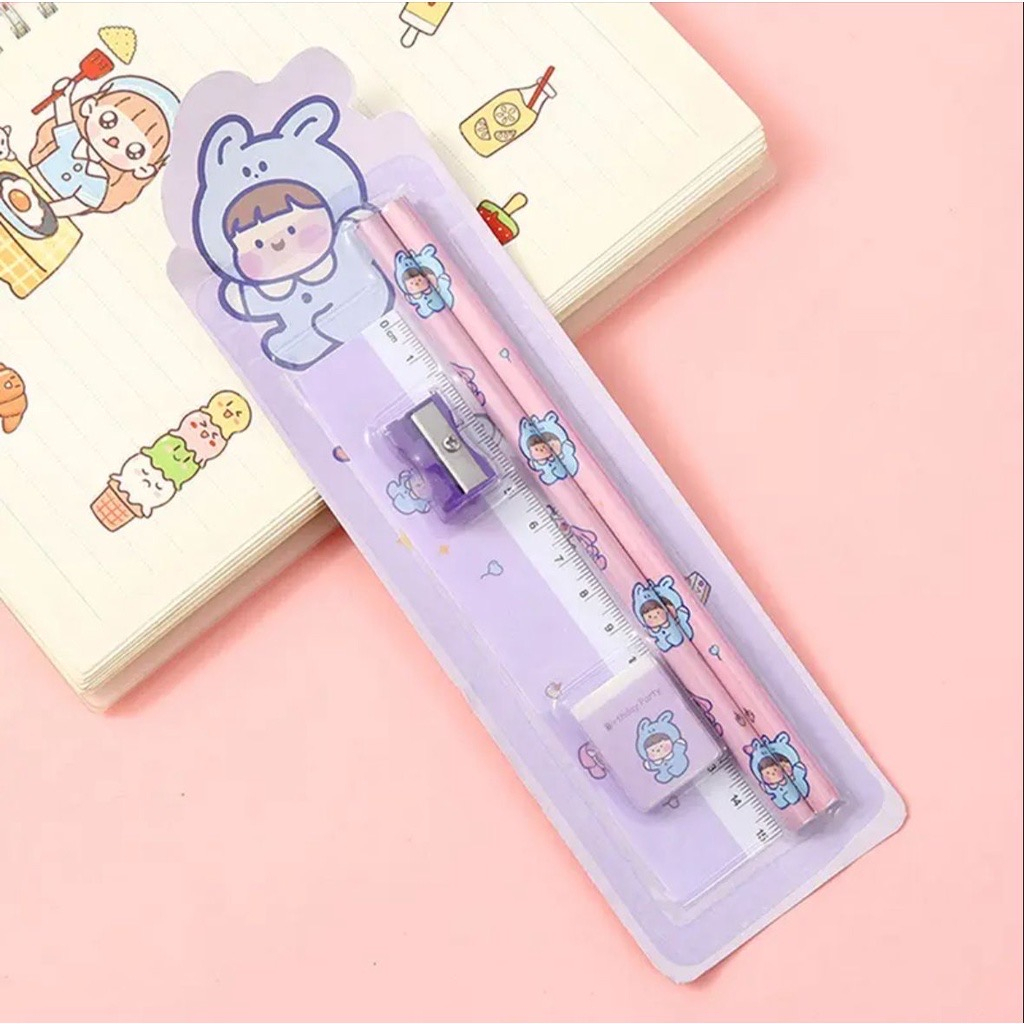 Alat Tulis Sekolah Set 5in1 Pensil Penghapus Penggaris Rautan Gambar Lucu