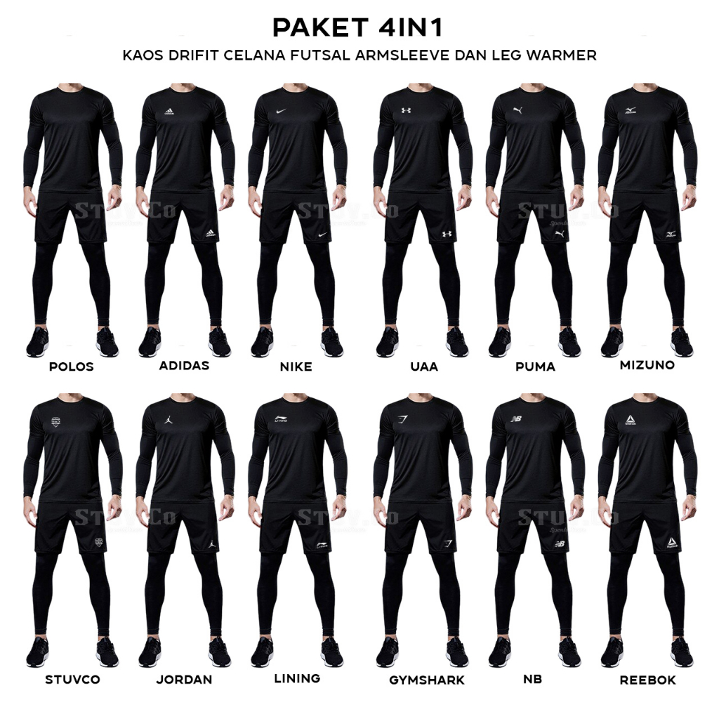 PAKET 4IN1 OLAHRAGA KAOS DRIFIT BASELAYER THUMBHOLE JARI LEGGING PANJANG DAN CELANA FUTSAL UNISEX