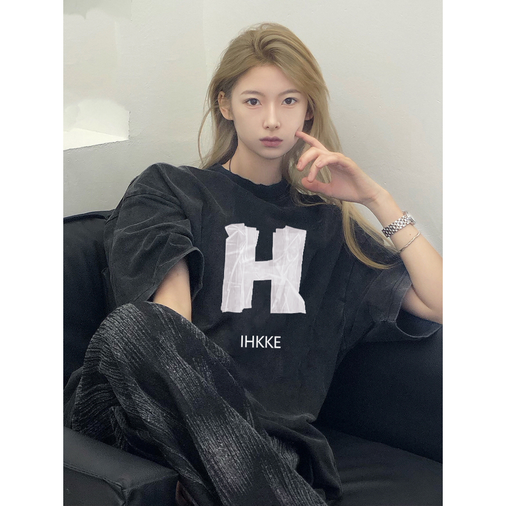 EUNII T-shirt Lengan Pendek Black Washed Vintage H Letter Printing Korean Style/Kaos Atasan Wanita/Baju Wanita