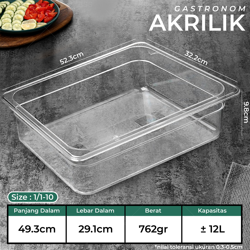 Gastronom Akrilik Food Pan 1/1/10 Kedalaman 10cm Wadah Penyimpanan Sayur Buah Daging Makanan Tempat Saji Prasmanan Multifungsi