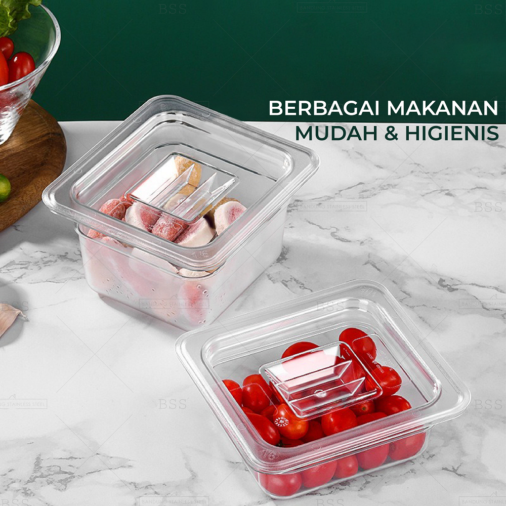 Gastronom Akrilik Food Pan 1/1/15 Kedalaman 15cm Wadah Penyimpanan Sayur Buah Daging Makanan Tempat Saji Prasmanan Multifungsi