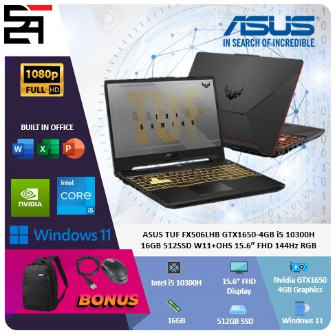 Asus Tuf FX506LHB GTX1650-4GB Core i5 10300H 16GB 512GB SSD W11 OHS 15.6 Inchi FHD 144Hz