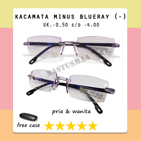 Kacamata Minus Model Rimless Lensa Anti Blue Light Komputer Hp Kacamata Rabun Jauh Uk. -0.50 s.d -4.00 Pria dan Wanita Frameless Tanpa Bingkai Terbaru FREEECASE