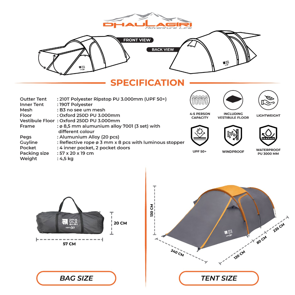 Tenda vertu X 5 dhaulagiri / tenda camping 6 orang / tenda double layer / tenda dhaulagiri /tenda dome 6 orang dobel layer