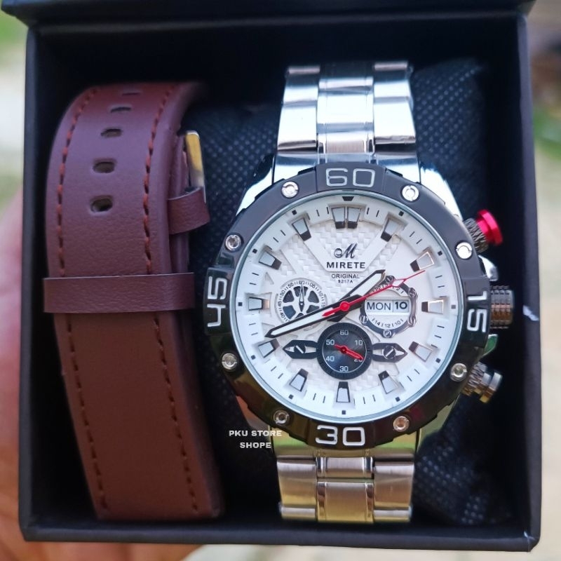 MIRETE EDITION Jam Tangan Pria Original Tahan Air Dua Tali Tanggal Dan Hari Aktif Full Stainless Steel Free Box | Mewah Elegan Sporty Olahraga Analog Import Berkualitas Murah Dijamin Sesuai Foto Realpict