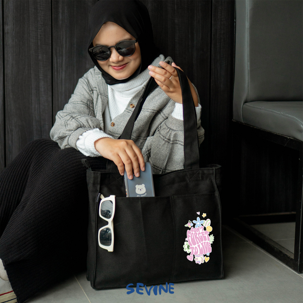 Sevine Totebag Kanvas Rebecca Tas Wanita Tote Bag Pocket Kuliah Sekolah Kerja Laptop Hitam Tebal Elegan Aesthetic - PG