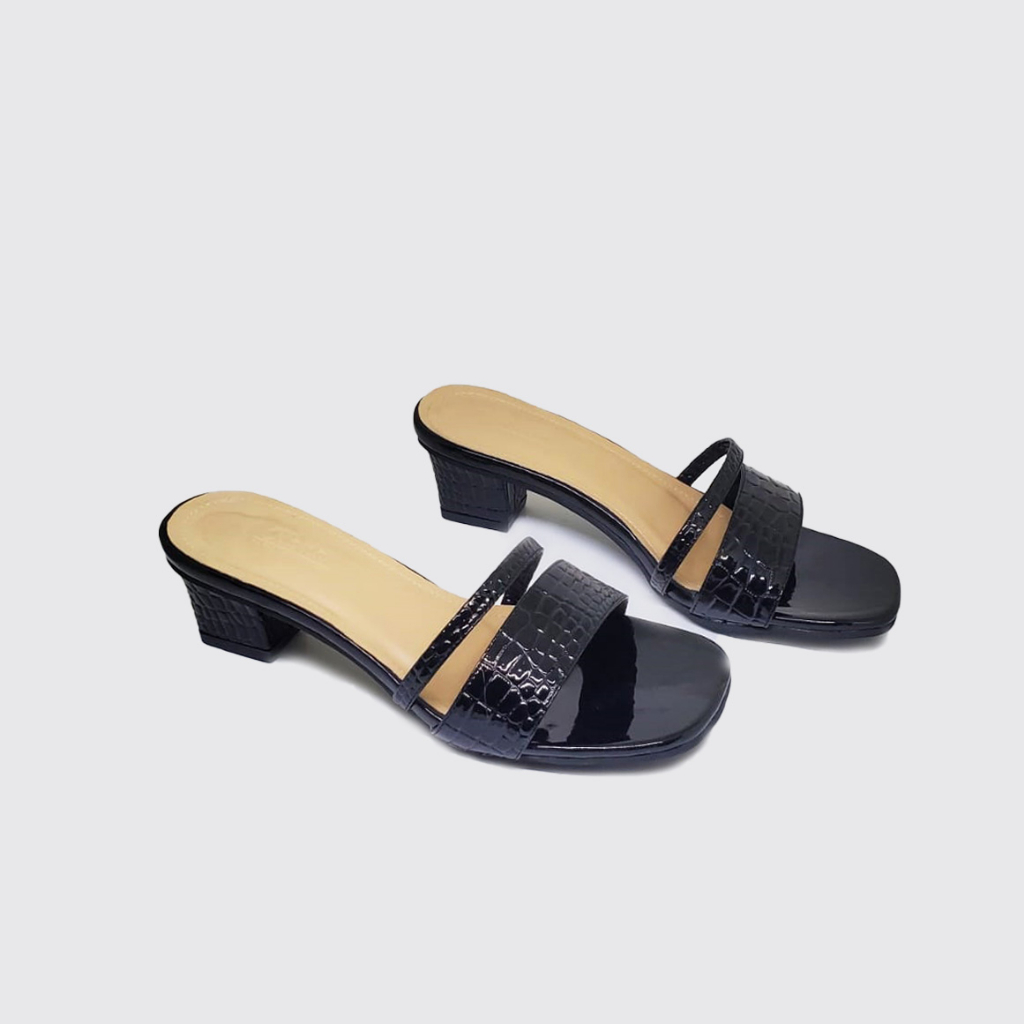 Sandal Heels Wanita (Ukuran Besar Kaki Jumbo) Sendal Santai Pesta Casual Kerja Kulit Croco Hitam Big Size