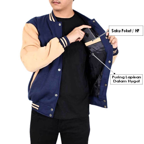 INDO - Jaket Baseball Polos Pria Wanita Tebal | Jaket Varsity Baseball Premium Navy