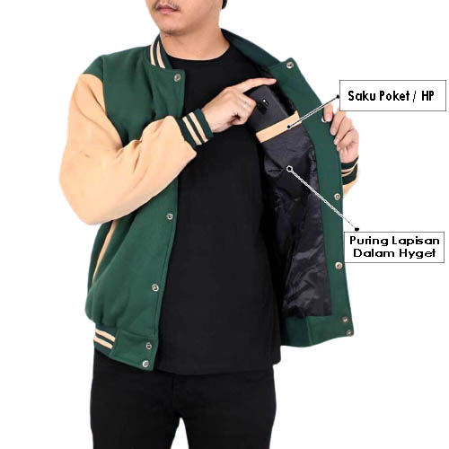 INDO - Jaket Baseball Polos Pria Wanita Tebal | Jaket Varsity Baseball Premium Hijau