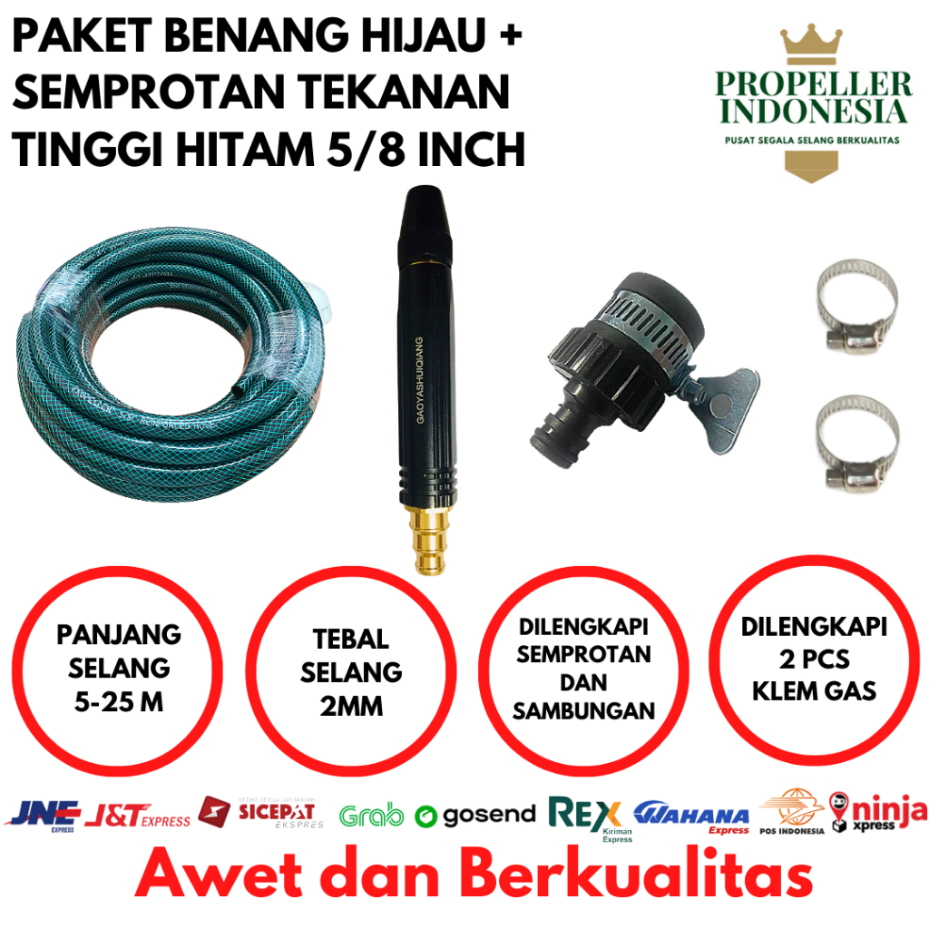 Paket Selang Air 5/8 Inch Benang Hijau Anti Lumut Paket Semprotan Air Hitam Cuci Mobil Motor Slang Air Benang