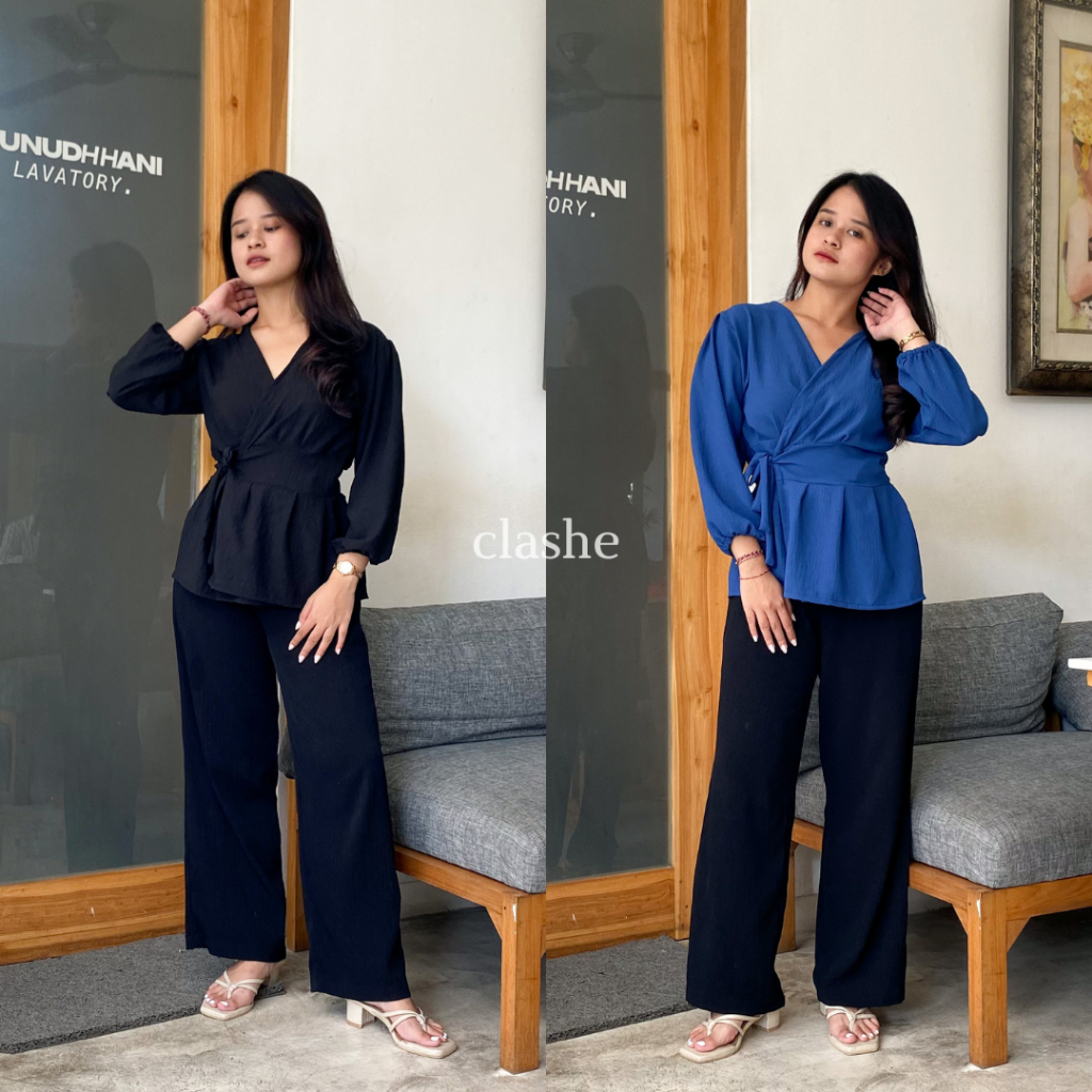 Blouse Wanita Atasan Kimono Lengan Panjang Crinkle Airflow Anti Lecek Korean Style Kekinian Terbaru Ootd Stefany Top by Clashe