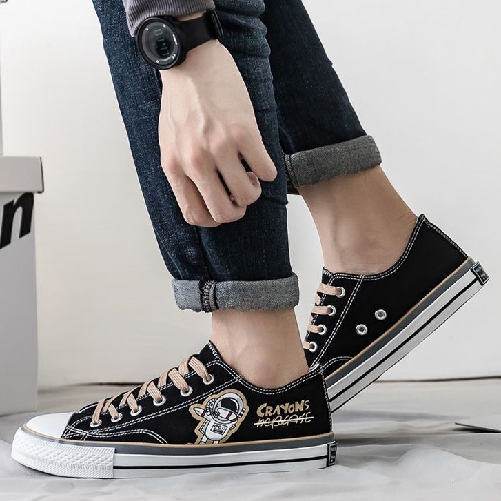 Highland Sepatu Cowok Original Import Sepatu Pria Black Casual Unisex Sneakers Sekolah Kuliah Kerja Kanvas Keren Kekinian MC312