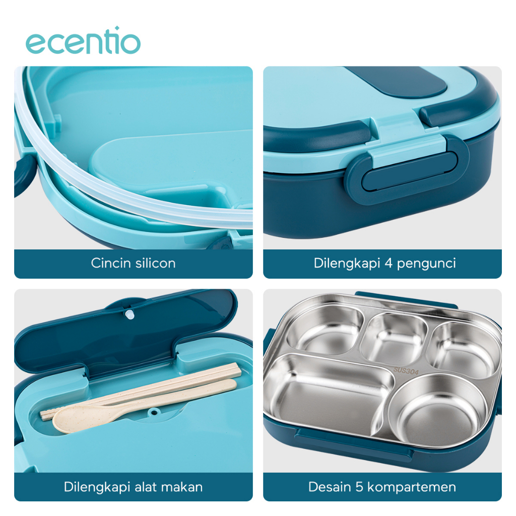 ecentio &amp; FOODI  lunch box stainless 5 sekat 304 anti tumpah 1000ml food grade microwavable dan 200ml mangkok sup/free sedotan