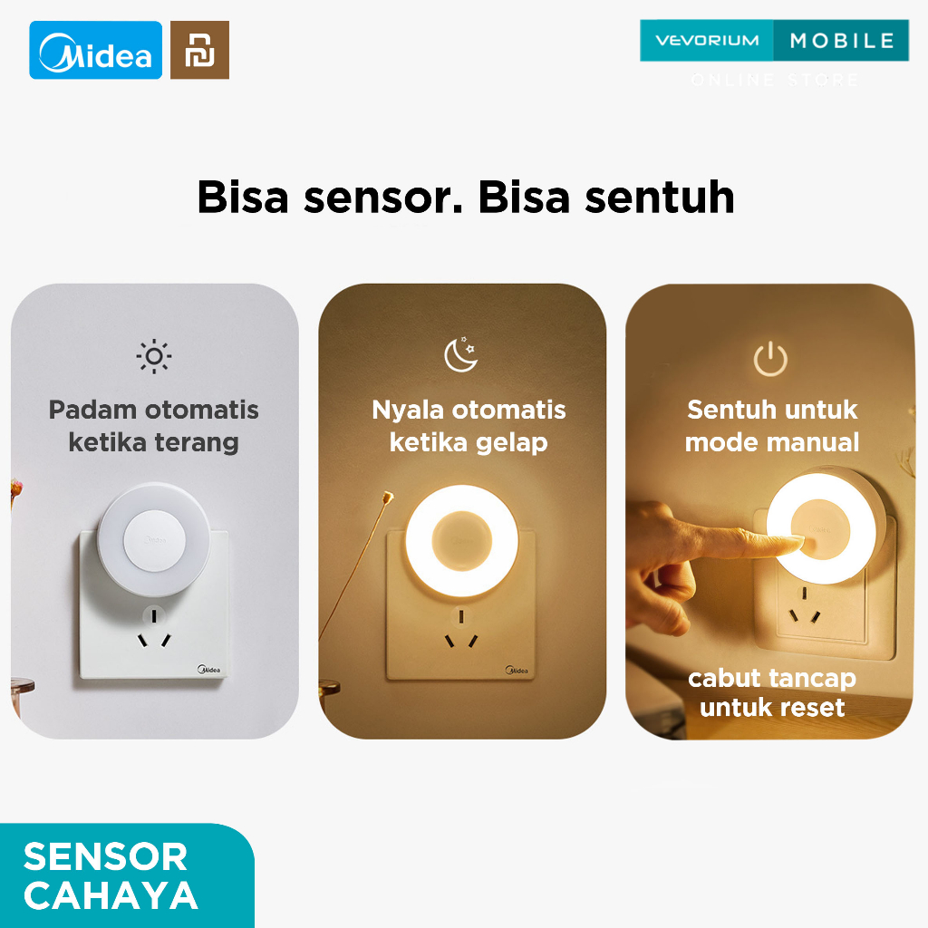 Midea Mini Night Light Lampu Tidur LED Sensor Cahaya Anak Bayi Plug-in Remote Otomatis Automatis Dinding Dekorasi Kamar Tangga Koridor Dapur