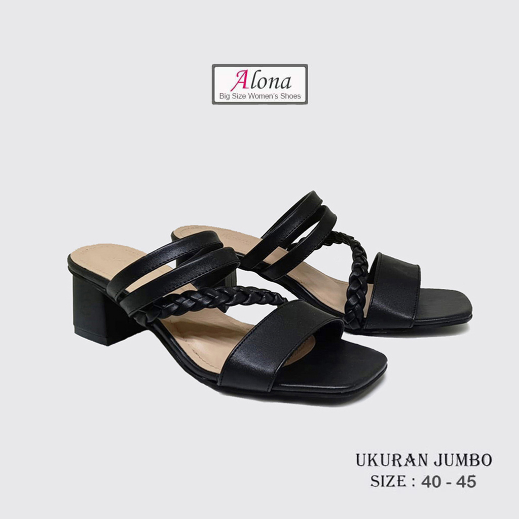 Alona - Heels Strap Black - Sandal Wanita (Ukuran Kaki Besar Jumbo) Sendal Heel Ibu2 Pesta Style Santai