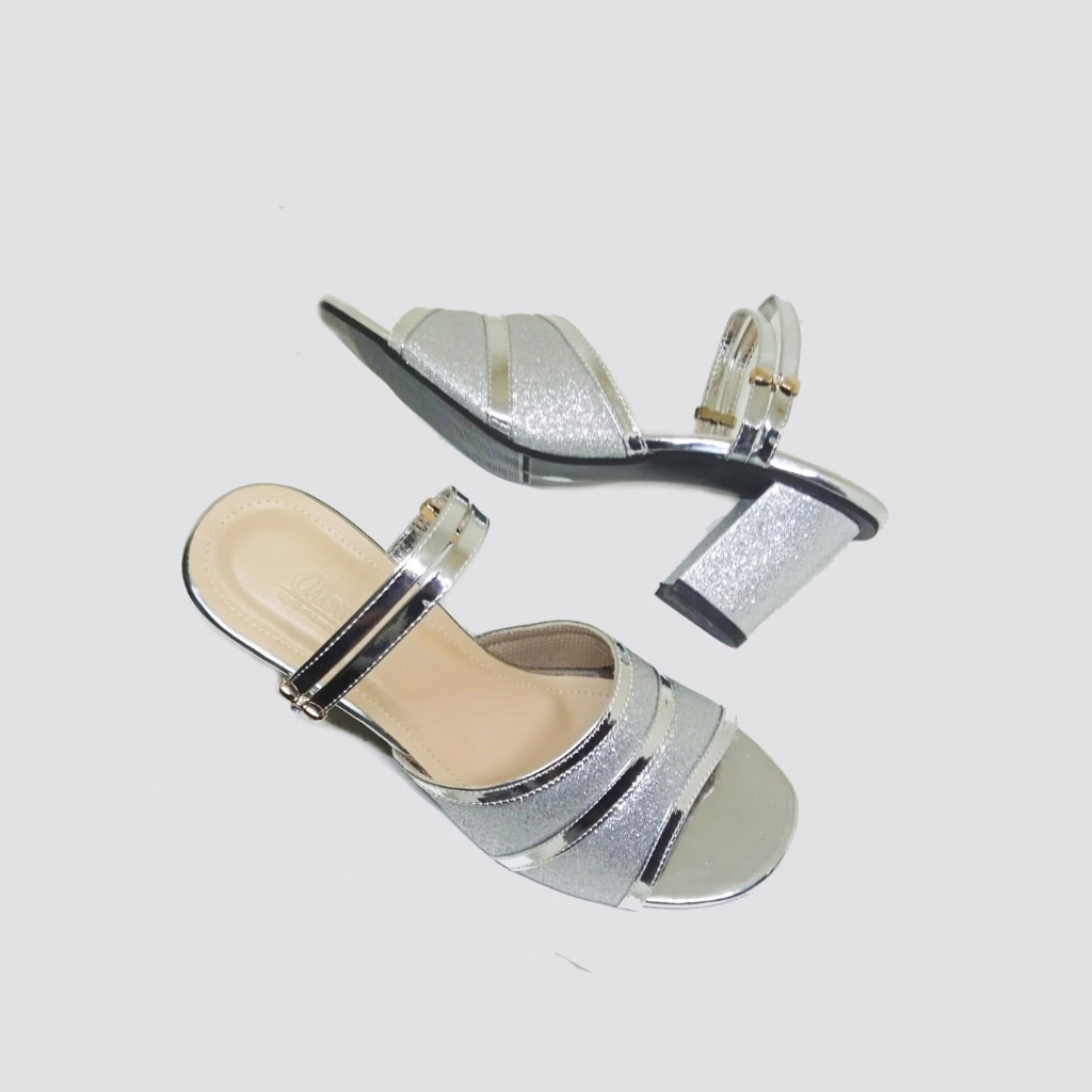 Sendal Heels Wanita (Ukuran Besar Jumbo) Sandal Pesta Mewah Cantik Hak 7 cm Silver