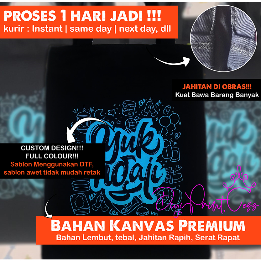 TOTE BAG CUSTOM DESIGN FULL COLOUR / BAHAN KANVAS PREMIUM - HITAM