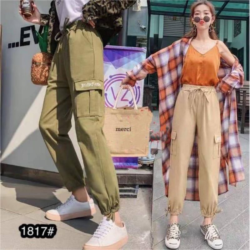 CELANA JOGGER CARGO WANITA TWILL IMPORT PREMIUM PINGGANG KARET TALI VARIASI BAGIAN BAWAH KARET