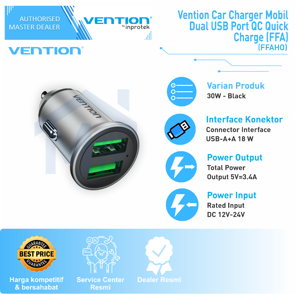 ( Bisa Cod ) Vention Car Charger Mobil Dual USB Port USB C QC Quick Charge FFA FFB