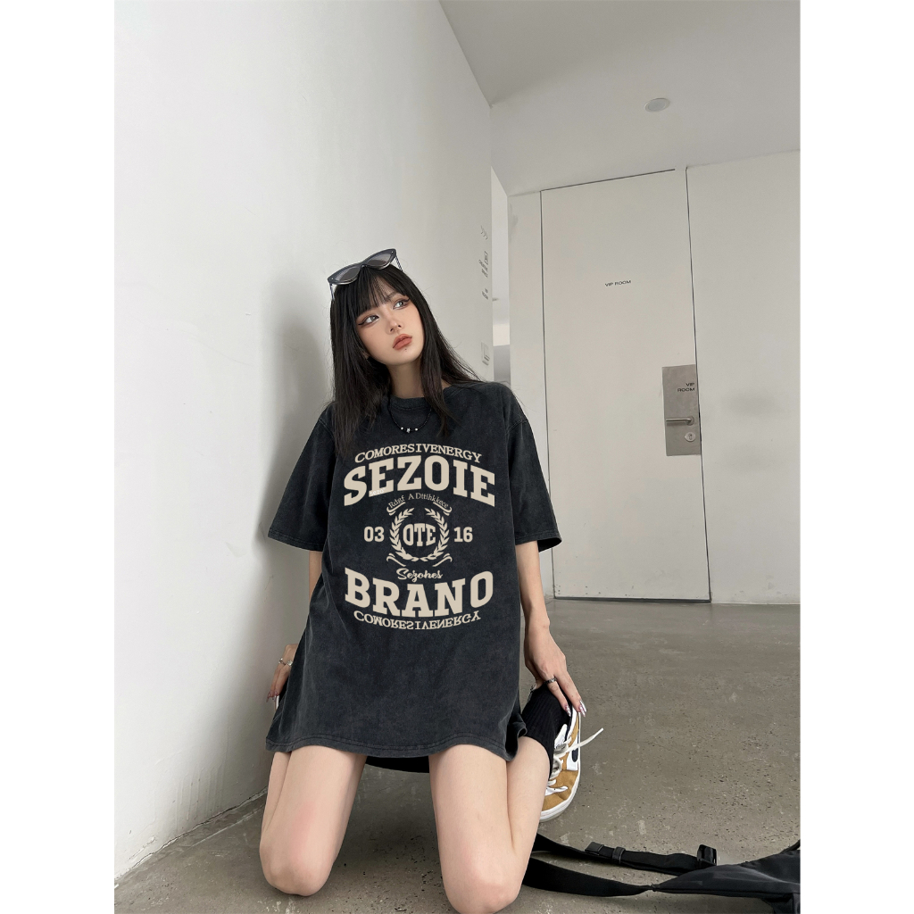 EUNII T-shirt Lengan Pendek Black Washed Vintage English Printing Korean Style/Kaos Atasan Wanita/Baju Wanita