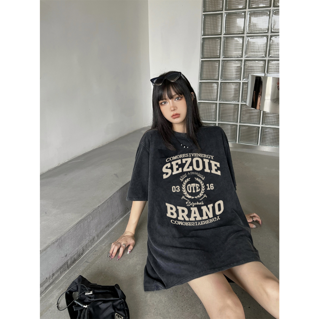 EUNII T-shirt Lengan Pendek Black Washed Vintage English Printing Korean Style/Kaos Atasan Wanita/Baju Wanita