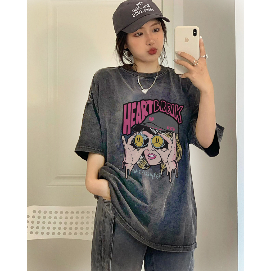 kaos oversize wanita import lengan pendek retro cartoon character graffiti print T-shirt kekinian washed