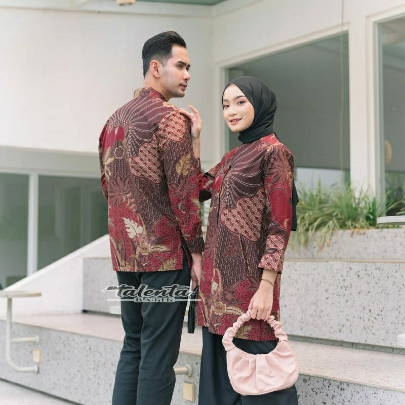 Batik pasangan couple sarimbit pria &amp; wanita batik ekslusif bahan katun lapis furing size reguler daun maron