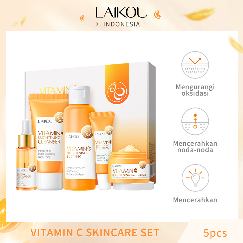 LAIKOU Vitamin C Serum Mencerahkan Melembabkan Skin Care 5pcs Set Meratakan Warna Kulit Mengontrol Minyak Cleanser