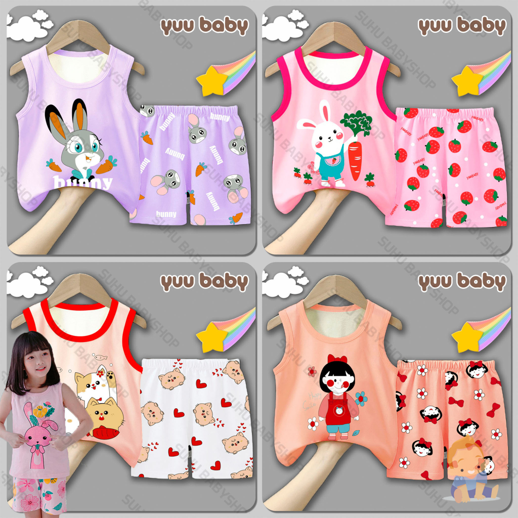 YUU BABY Setelan Anak Singlet IMPORT / Stelan Bayi Perempuan / Set Baju + Celana Pendek Anak Cewek C